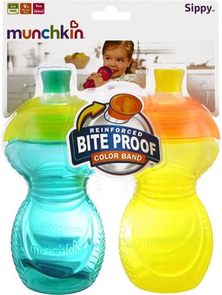 صحة الأطفال، والأغذية للأطفال Munchkin, Reinforced Bite Proof Color Band, Sippy Cups, 9+ Months, 2 Pack, 9 oz (266 ml) Each