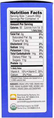 صحة الأطفال، والأغذية للأطفال Nurture Inc. (Happy Baby), Happy Squeeze, Organic Superfoods, Twist, Organic Apple, Kale, & Blueberry, 4 Pouches, 3.17 oz (90 g) Each