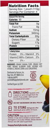 صحة الأطفال، والأغذية للأطفال Nurture Inc. (Happy Baby), Organic Baby Food, Stage 2, Simple Combos, Bananas, Beets & Blueberries, 4 Pouches - 4 oz (113 g) Each