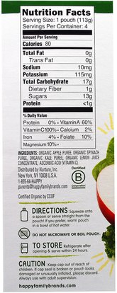 صحة الأطفال، والأغذية للأطفال Nurture Inc. (Happy Baby), Organic Baby Food, Stage 2, Simple Combos, Spinach, Apples & Kale, 4 Pouches, 4 oz (113 g) Each