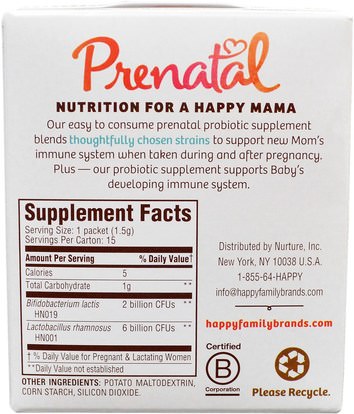 صحة الأطفال، أغذية الأطفال، الفيتامينات قبل الولادة Nurture Inc. (Happy Baby), Prenatal, Probiotic Supplement, Flavor Free, 15 Single Serve Packets - 0.8 oz (23 g)