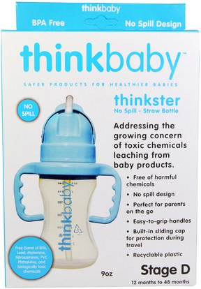 صحة الأطفال، أطفال الأطعمة، ثينكبابي الفئة Think, Thinkbaby, Thinkster Straw Bottle, Stage D, Blue, 9 oz