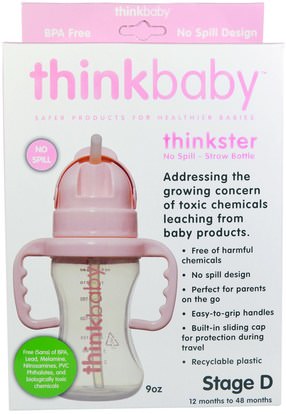 صحة الأطفال، أطفال الأطعمة، ثينكبابي الفئة Think, Thinkbaby, Thinkster Straw Bottle, Stage D, Pink, 9 oz