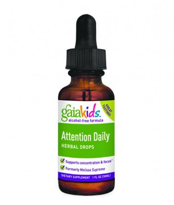 صحة الأطفال، المكملات الغذائية للأطفال، العلاجات العشبية للأطفال Gaia Herbs, Kids, Attention Daily Herbal Drops, Alcohol-Free Formula, 1 fl oz (30 ml)