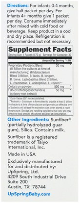 صحة الطفل، والمكملات الغذائية، والأطفال البروبيوتيك UpSpring, Probiotic + Colostrum, Unflavored Powder, 30 Packets, 0.74 oz (21 g) Each