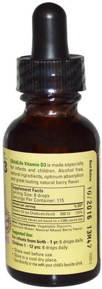 صحة الأطفال، مكملات الأطفال، فيتامين d3، فيتامين d3 السائل ChildLife, Essentials, Vitamin D3, Natural Berry Flavor, 1 fl oz (29.6 ml)