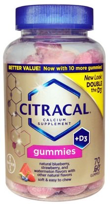 Citracal, Calcium Supplement + D3 Gummies, Natural Blueberry, Strawberry, and Watermelon, 70 Gummies ,المكملات الغذائية، غوميز والمعادن والكالسيوم فيتامين د