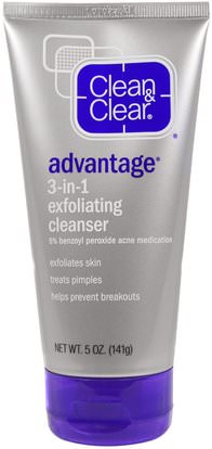 Clean & Clear, Advantage, 3-in-1 Exfoliating Cleanser, 5 oz (141 g) ,الصحة، حب الشباب، نوع الجلد حب الشباب الجلد المعرضة، الجمال، تقشير الوجه