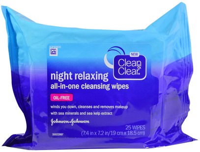 Clean & Clear, Night Relaxing, All-In-One Cleansing Wipes, 25 Wipes ,حمام، الجمال، مزيل ماكياج، العناية بالوجه، مناديل الوجه