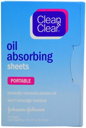 Clean & Clear, Oil Absorbing Sheets, Portable, 50 Sheets ,الجمال، العناية بالوجه، نوع الجلد والسرد للبشرة الدهنية، مناديل الوجه