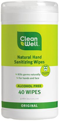 Clean Well, All-Natural Hand Sanitizing Wipes, Alcohol Free, Original, 40 Wipes, 5 x 8 in (12.7 x 20.3 cm) Each ,حمام، الجمال، أعطى، سانيتيزر