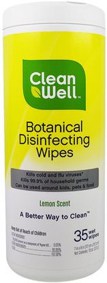 Clean Well, Botanical Disinfecting Wipes, Lemon Scent, 35 Wet Wipes, 7 in x 8 in (117. cm x 20.3 cm) ,المنزل، المنظفات المنزلية