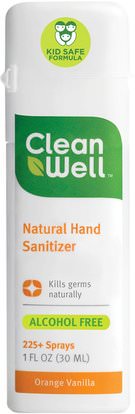Clean Well, Natural Hand Sanitizer, Alcohol Free, Orange Vanilla, 1 fl oz (30 ml) ,حمام، الجمال، أعطى، سانيتيزر