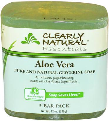 Clearly Natural, Essentials, Pure and Natural Glycerine Soap, Aloe Vera, 3 Bar Pack, 4 oz Each ,حمام، الجمال، الصابون