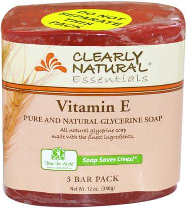 Clearly Natural, Essentials, Pure and Natural Glycerine Soap, Vitamin E, 3 Bar Pack, 4 oz Each ,حمام، الجمال، الصابون