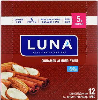Clif Bar, Luna, Cinnamon Almond Swirl, 12 Bars, 1.48 oz (42 g) Each ,والرياضة، والمكملات الغذائية، والبروتين