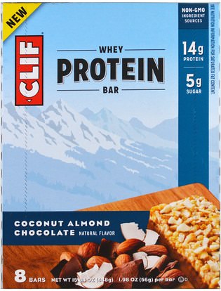 Clif Bar, Whey Protein Bar, Coconut Almond Chocolate, 8 Bars, 1.98 oz (56 g) Each ,والملاحق، والرياضة، والحانات البروتين
