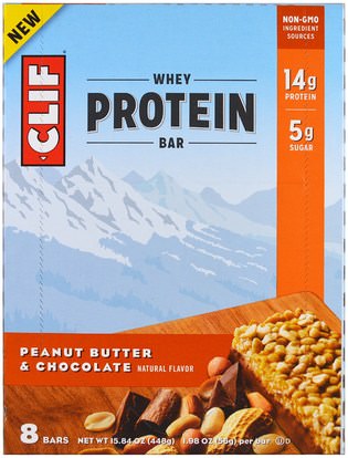 Clif Bar, Whey Protein Bar, Peanut Butter & Chocolate, 8 Bars, 1.98 oz (56 g) Each ,والملاحق، والرياضة، والحانات البروتين