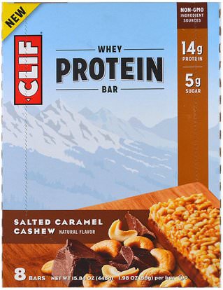 Clif Bar, Whey Protein Bar, Salted Caramel Cashew, 8 Bars, 1.98 (56 g) Each ,والملاحق، والرياضة، والحانات البروتين