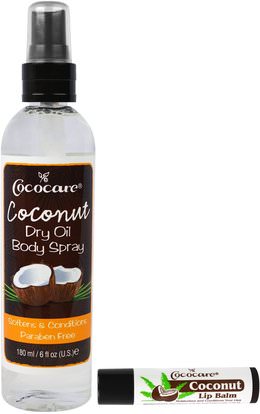 Cococare, Coconut Dry Oil Body Spray + Coconut Lip Balm, 6 fl oz (180 ml), 4.2 g (15 oz) ,الصحة، الجلد، حمام، زيوت التجميل، زيوت العناية بالجسم