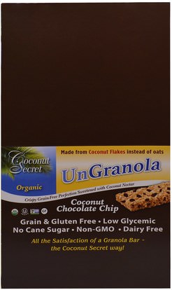 Coconut Secret, Organic Coconut Chocolate Chip Ungranola Bar, 12 Bars, 1.2 oz (34 g) Each ,الطعام، الوجبات الخفيفة، الوجبات الصحية الصحية، المكملات الغذائية، الحانات الغذائية