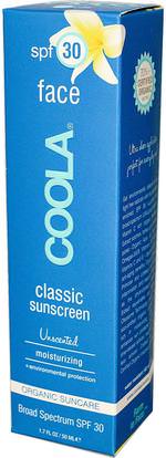 COOLA Organic Suncare Collection, Face, Classic Sunscreen, SPF 30, Unscented, 1.7 fl oz (50 ml) ,حمام، الجمال، واقية من الشمس، سف 30-45