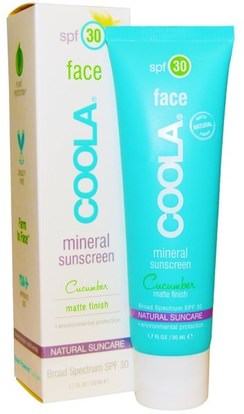 COOLA Organic Suncare Collection, Face, Mineral Sunscreen, Matte Finish, SPF 30, Cucumber, 1.7 fl oz (50 ml) ,حمام، الجمال، واقية من الشمس، سف 30-45