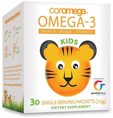 Coromega, Kids, Omega-3, Tropical Orange + Vitamin D, 30 Single Serving Packets (2.5 g) ,المكملات الغذائية، إيفا أوميجا 3 6 9 (إيبا دا)، دا، إيبا