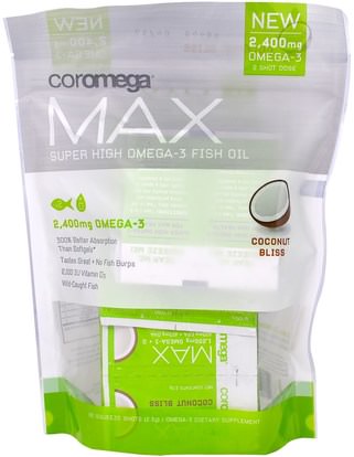 Coromega, Max, Super High Omega-3 Fish Oil, Coconut Bliss, 2,400 mg, 60 Squeeze Shots, 2.5 g Each ,المكملات الغذائية، إيفا أوميجا 3 6 9 (إيبا دا)، دا، إيبا، فيش أويل