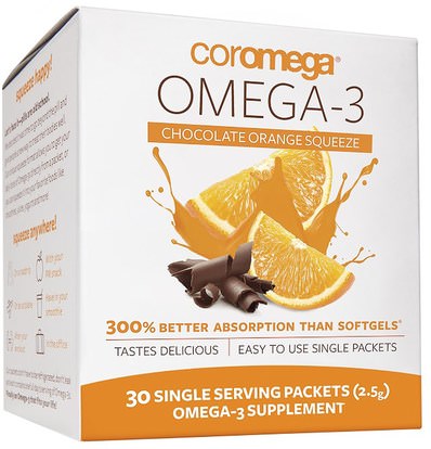 Coromega, Omega-3, Chocolate Orange Squeeze, 30 Single Serving Packets (2.5 g) ,المكملات الغذائية، إيفا أوميجا 3 6 9 (إيبا دا)، زيت السمك