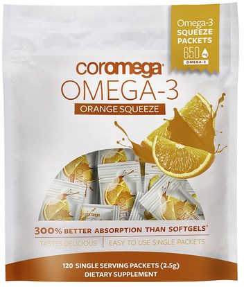 Coromega, Omega-3, Orange Squeeze, 120 Packets, (2.5 g) Each ,المكملات الغذائية، إيفا أوميجا 3 6 9 (إيبا دا)، زيت السمك
