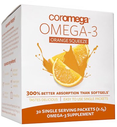 Coromega, Omega-3, Orange Squeeze, 30 Packets, (2.5 g) Each ,المكملات الغذائية، إيفا أوميجا 3 6 9 (إيبا دا)، زيت السمك