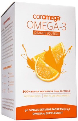 Coromega, Omega-3 Orange Squeeze, 90 Packets, 2.5 g Each ,المكملات الغذائية، إيفا أوميجا 3 6 9 (إيبا دا)، زيت السمك