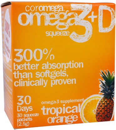 Coromega, Omega3+D Squeeze, Tropical Orange, 30 Squeeze Packets, 2.5 g Each ,المكملات الغذائية، إيفا أوميجا 3 6 9 (إيبا دا)، دا، إيبا