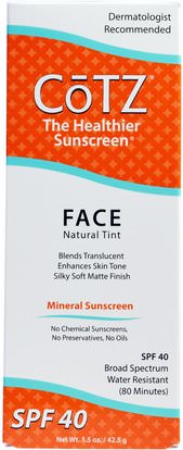 Cotz, Face, Natural Tint Sunscreen, SPF 40, 1.5 oz (42.5 g) ,الجمال، العناية بالوجه، سف العناية بالوجه