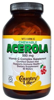 Country Life, Acerola, Vitamin C Chewable, Cherry, 500 mg, 90 Wafers ,الفيتامينات، فيتامين ج مضغ