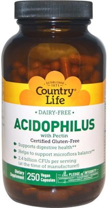 Country Life, Acidophilus with Pectin, 250 Veggie Caps ,المكملات الغذائية، البروبيوتيك، أسيدوفيلوس
