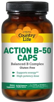 Country Life, Action B-50 Caps, 100 Veggie Caps ,الفيتامينات، فيتامين ب المعقدة، فيتامين ب معقدة 50