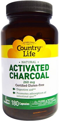 Country Life, Activated Charcoal, 260 mg, 180 Capsules ,المكملات الغذائية، المعادن، الفحم المنشط