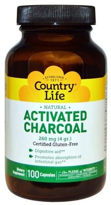 Country Life, Activated Charcoal, 260 mg (4 g), 100 Capsules ,المكملات الغذائية، المعادن، الفحم المنشط