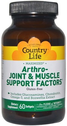 Country Life, Arthro - Joint & Muscle Support Factors, 60 Softgels ,المكملات الغذائية، الجلوكوزامين