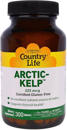 Country Life, Artic-Kelp, 225 mcg, 300 Tablets ,المكملات الغذائية، الطحالب المختلفة، عشب البحر، المعادن