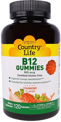 Country Life, B12 Gummies, Strawberry Flavor, 850 mcg, 120 Gummies ,الفيتامينات، فيتامين ب، فيتامين ب 12
