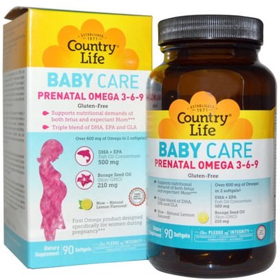 Country Life, Baby Care, Prenatal Omega 3-6-9, Lemon, 90 Softgels ,الفيتامينات، الفيتامينات قبل الولادة