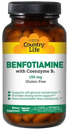 Country Life, Benfotiamine, with Coenzyme B1, 150 mg, 60 Veggie Caps ,المكملات الغذائية، فيتامينات سونزيمات ب، بنفوتيامين