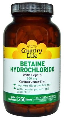 Country Life, Betaine Hydrochloride, with Pepsin, 600 mg, 250 Tablets ,المكملات الغذائية، بيتين هكل، الجلوكوزامين هيدروكلوريد