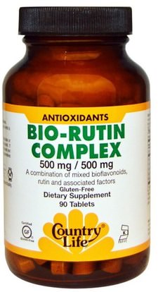 Country Life, Bio-Rutin Complex, 500 mg / 500 mg, 90 Tablets ,المكملات الغذائية، مضادات الأكسدة، روتين، الفيتامينات