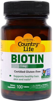 Country Life, Biotin, 1 mg, 100 Tablets ,الفيتامينات، البيوتين