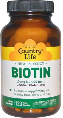 Country Life, Biotin, High Potency, 10 mg, 120 Vegan Caps ,الفيتامينات، البيوتين