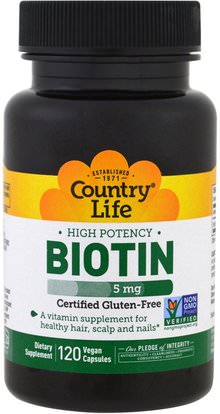 Country Life, Biotin, High Potency, 5 mg, 120 Vegan Caps ,الفيتامينات، البيوتين